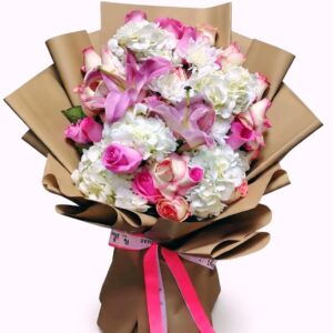 The Pastel Bliss – Premium Hydrangea, Lily & Rose Mixed Bouquet
