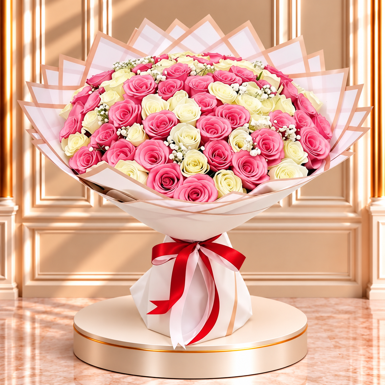 Blush Ivory Romance Bouquet with fresh blush and ivory roses in elegant wrapping.
