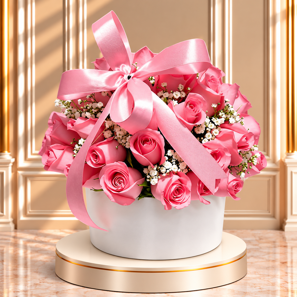 Blush Pearl Rose Hatbox with premium blush roses arranged in an elegant luxury hatbox.
