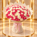 Pink Ivory Rose Luxe bouquet with premium pink and ivory roses in elegant luxury wrapping.