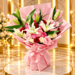 Pink Lily Romance Bouquet with fresh pink lilies and elegant flowers in luxury wrapping.