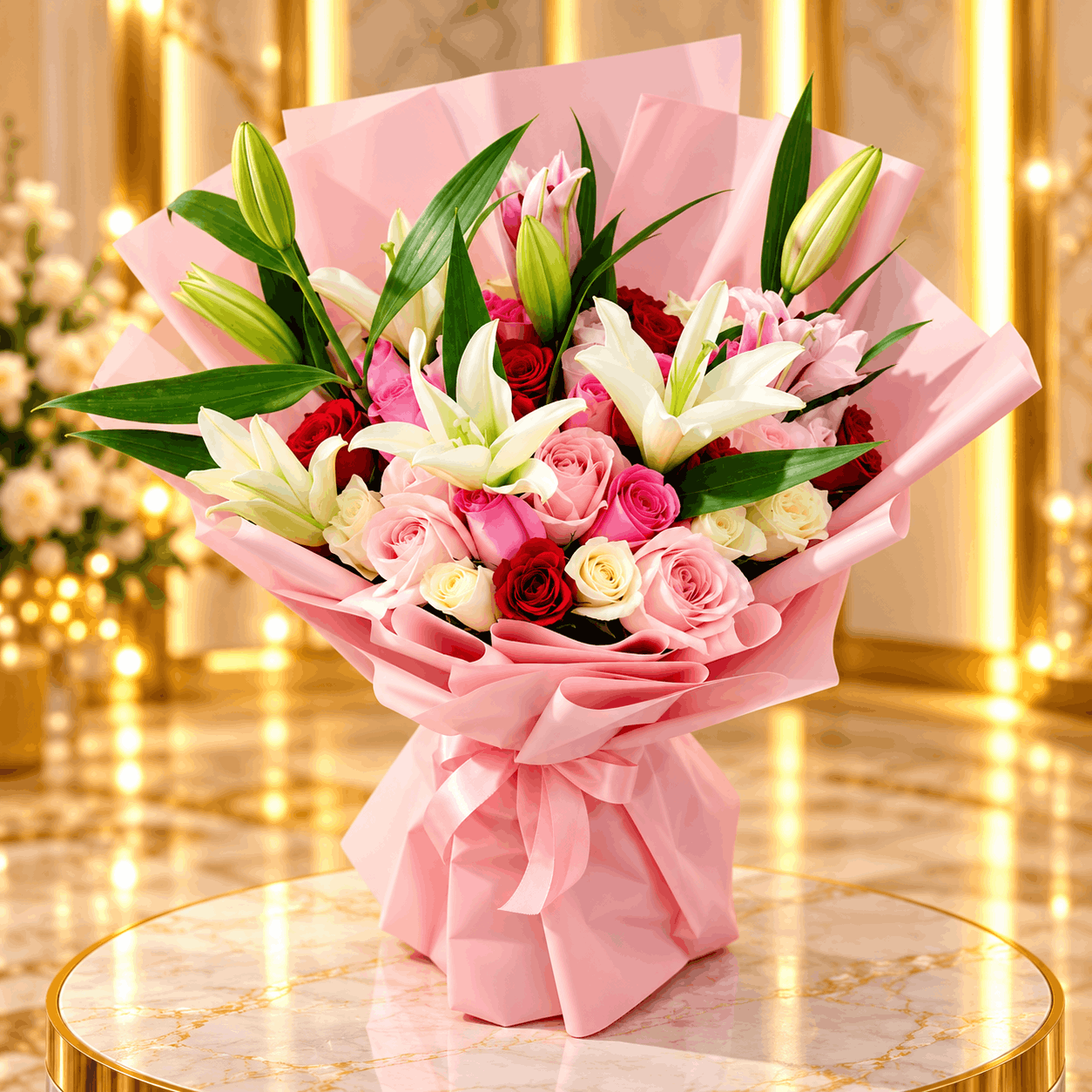 Pink Lily Romance Bouquet with fresh pink lilies and elegant flowers in luxury wrapping.