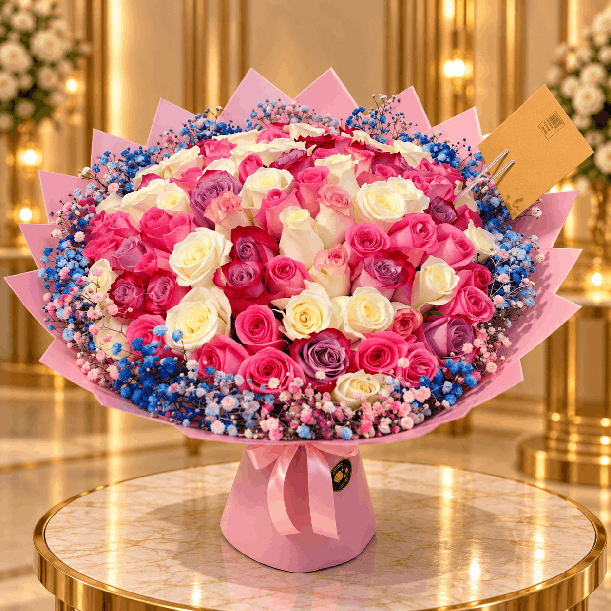 Royal Multicolor Rose Gypsophila Luxury Bouquet with fresh colorful roses and delicate gypsophila flowers.