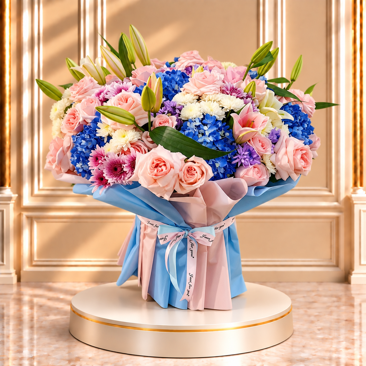 Blue Blush Garden Bouquet with fresh blue and blush flowers in elegant luxury wrapping.